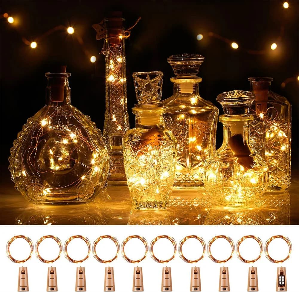 20 LED 10 confezioni luci per bottiglie di vino filo di rame fata stringa luce bianco caldo tappo di bottiglia lampada atmosfera per le vacanze di natale