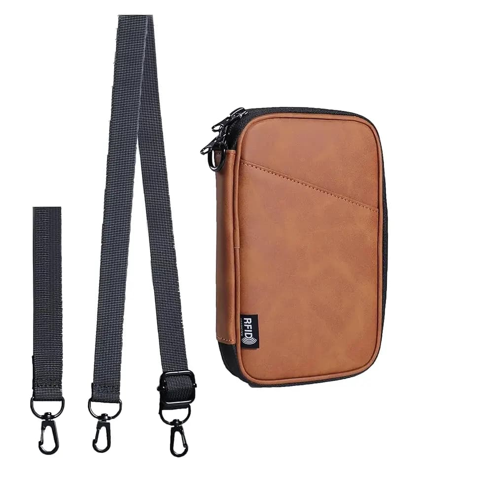 Porta passaporto marrone con 2 cinghie, custodia per passaporto, porta carte con cerniera, portafoglio impermeabile da viaggio, custodia per passaporto con blocco RFID.