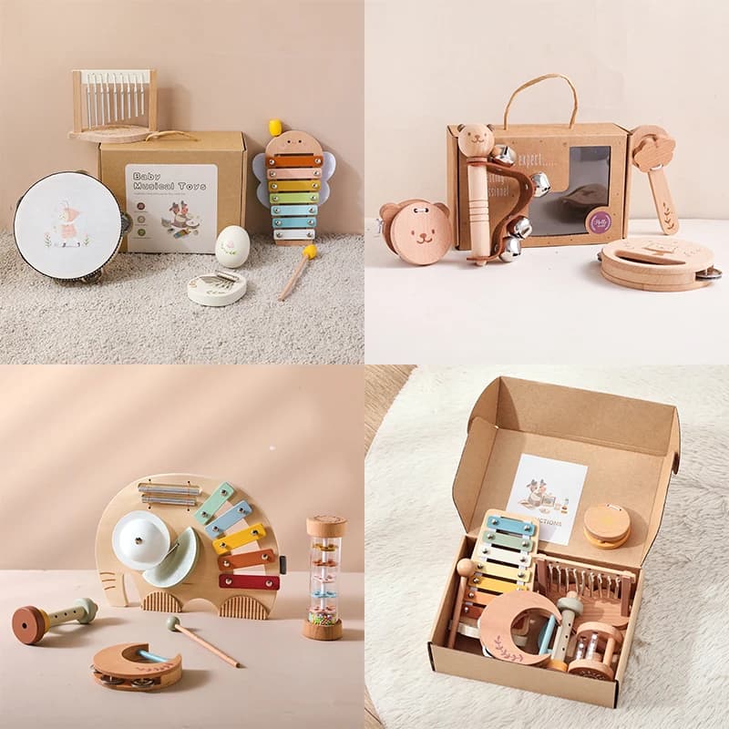 1 set di strumenti musicali con confezione regalo giocattolo per principianti musicali per bambini giocattolo musicale Montessori in legno precoce 0-12 mesi giocattolo educativo per bambini