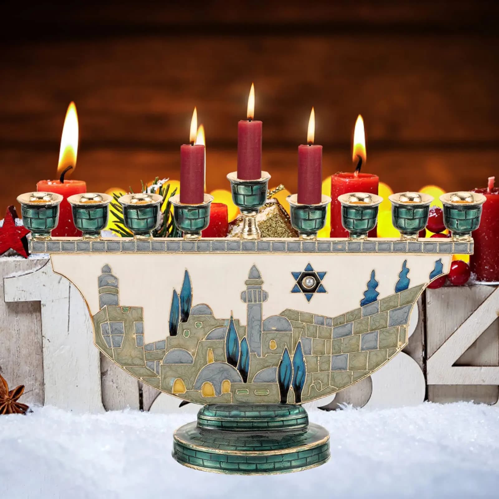 Jerusalem Menorah Hanukkah Candle Holder 9 Branch Enamel Judaica Chanukah Candelabra Star of David Home Religion Gift Decor