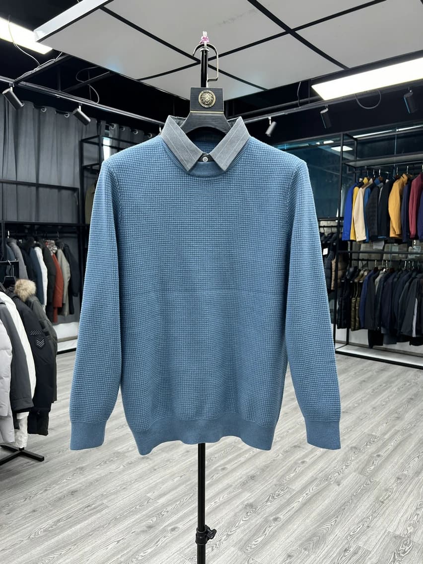 Maglione da uomo in maglia con collo a camicia, effetto due pezzi, lavorazione a maglia spessa, stile giovane e semplice, a maniche lunghe, per l'autunno