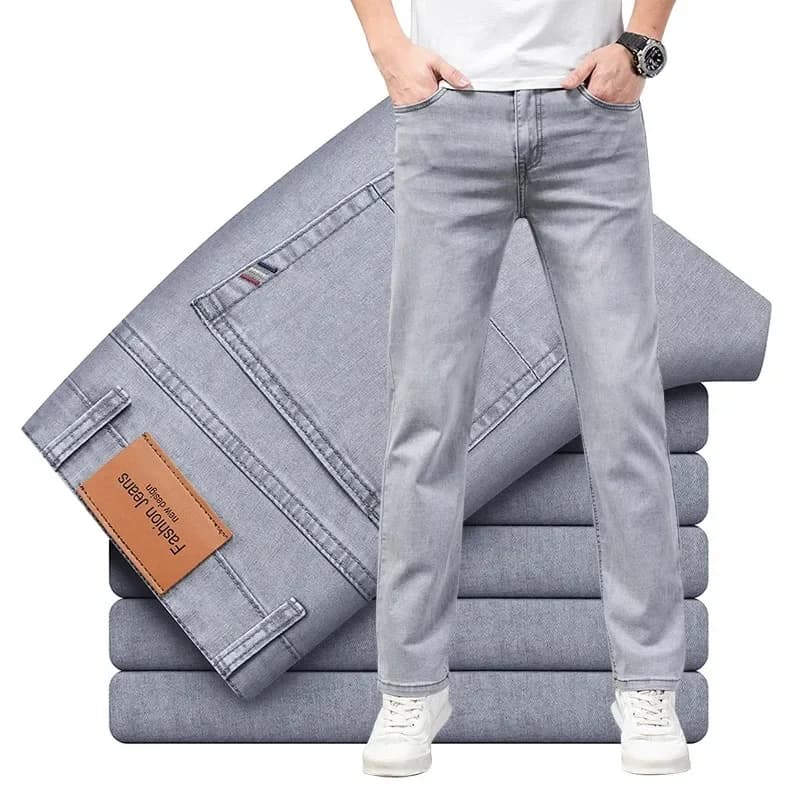 Summer New Men's Thin Cotton Jeans Fashion Business Casual Straight Elastic Denim Pants Comfortable Male Trousers Classic Gray