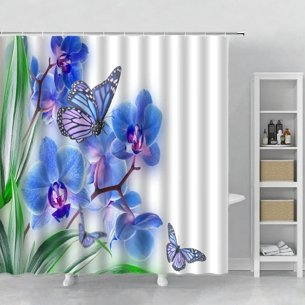 Tenda da doccia con fiori e farfalle Bella tenda da bagno floreale blu Set da bagno Gancio in tessuto di poliestere Panno per appendere