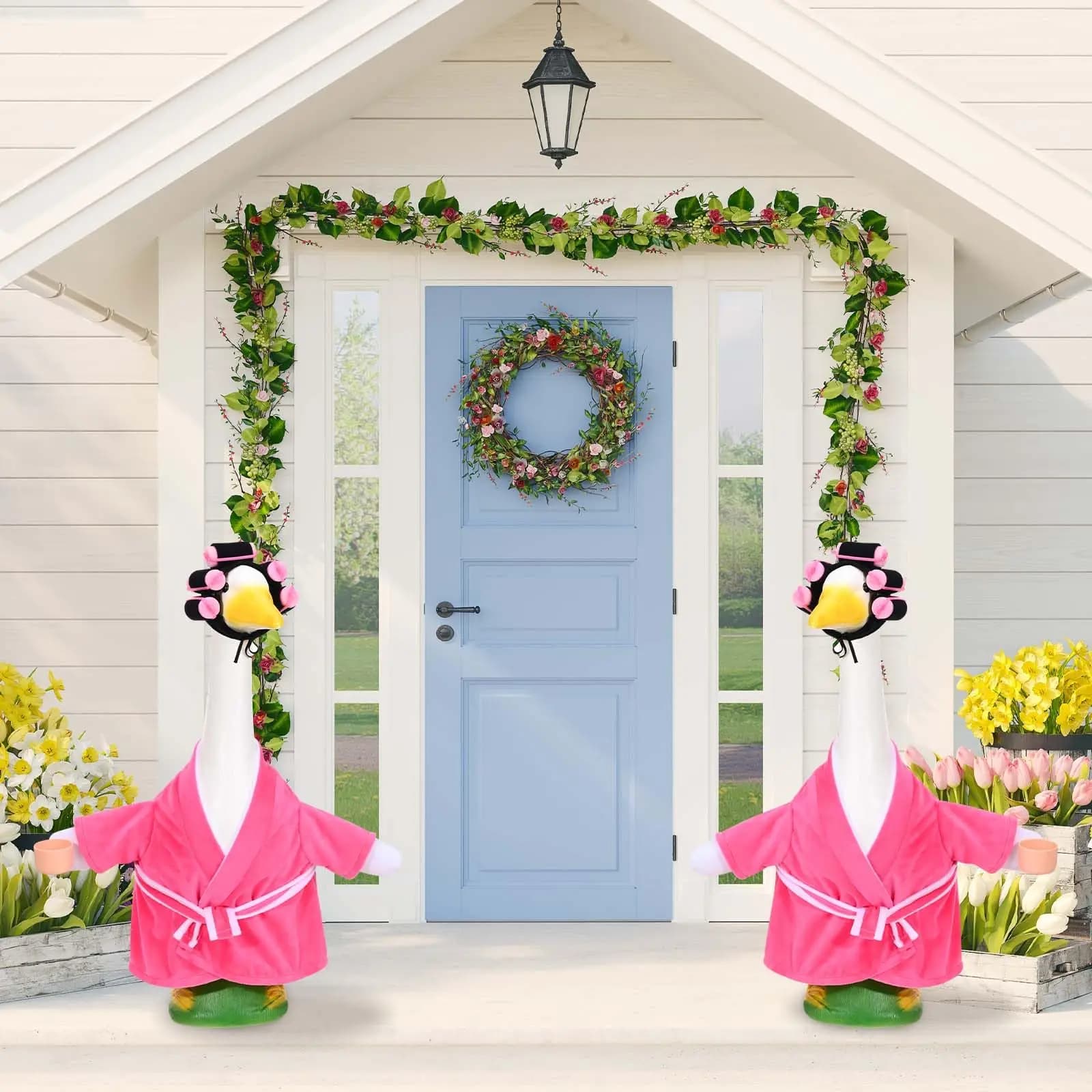 Porch Goose Old Lady Outfit Creative Plastic Goose Bathrobe with Curlers, Belt for Outdoor Garden Yard