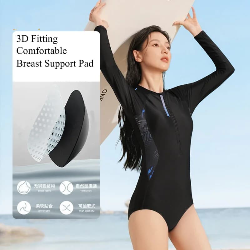 Women's long sleeve waterproof surf beach swimsuit, women's cap, professional quick drying swimsuit