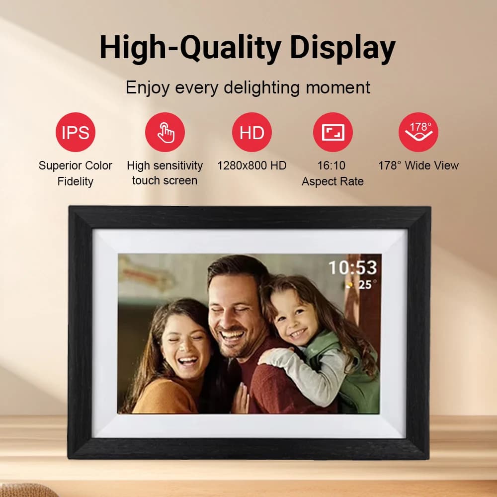 10.1 Inch Wooden Touch Screen Digital Picture Share and Videos Via AppAuto Rotate Digital Photo Video Frame