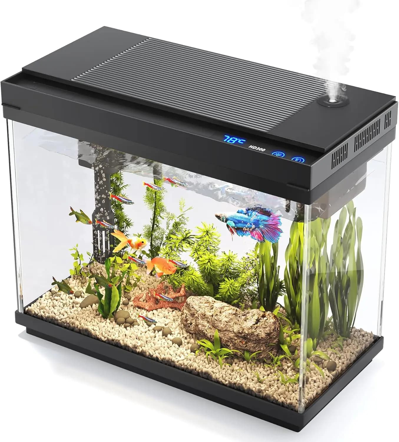 Kit Iniziale per Acquario da 2,4 Galloni con Umidificatore Intelligente, Illuminazione a 7 Colori e Pompa Silenziosa 3-in-1