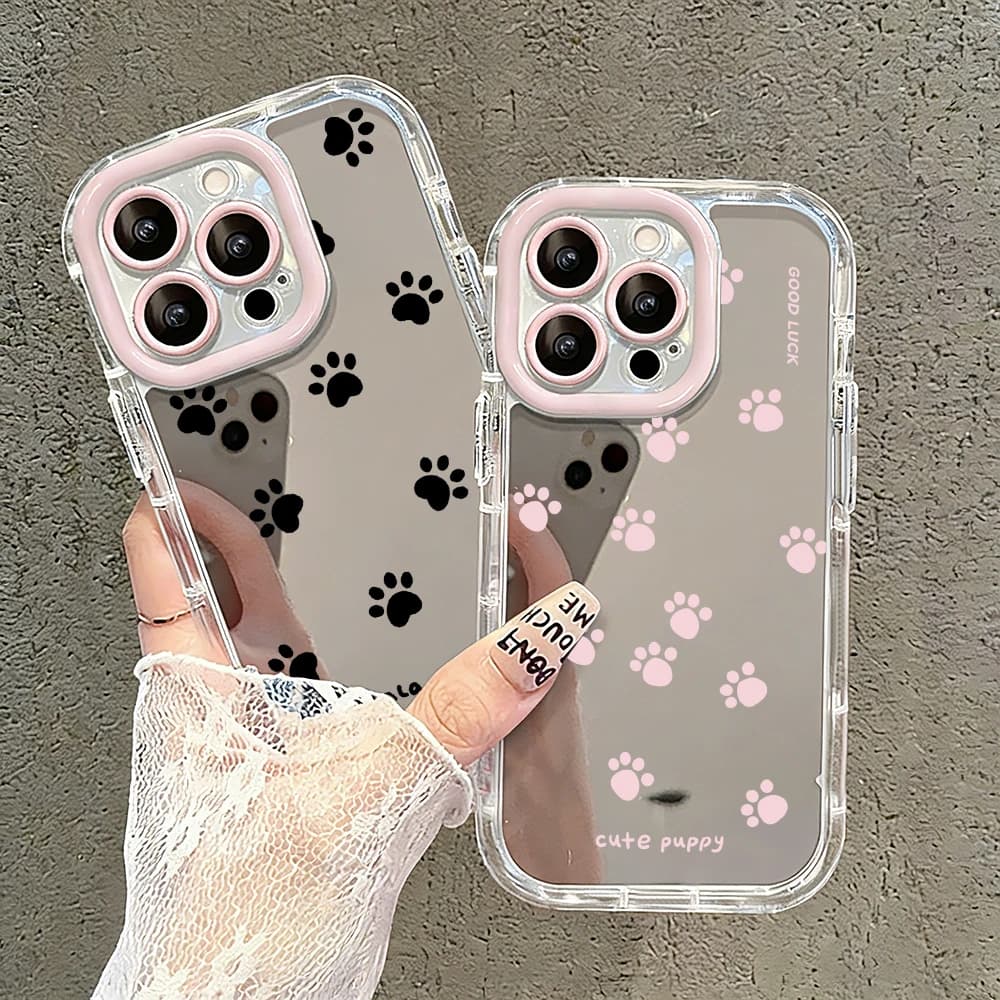 Custodia per telefono antiurto con stampa zampa di gatto/cane e specchio per iPhone 17 Pro Max, 17 Air, 16, 15, 14, 13, 12, 11 Pro, X, XR, XS, 7 Plus
