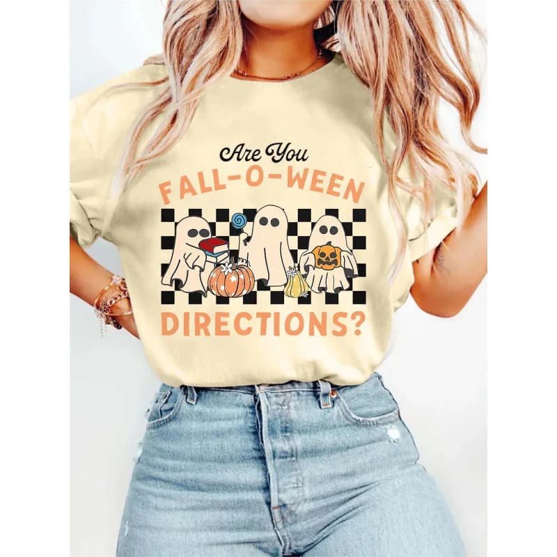 T-shirt da donna con stampa di Halloween, design spaventoso, maglietta casual da donna, top grafico alla moda per la stagione autunnale