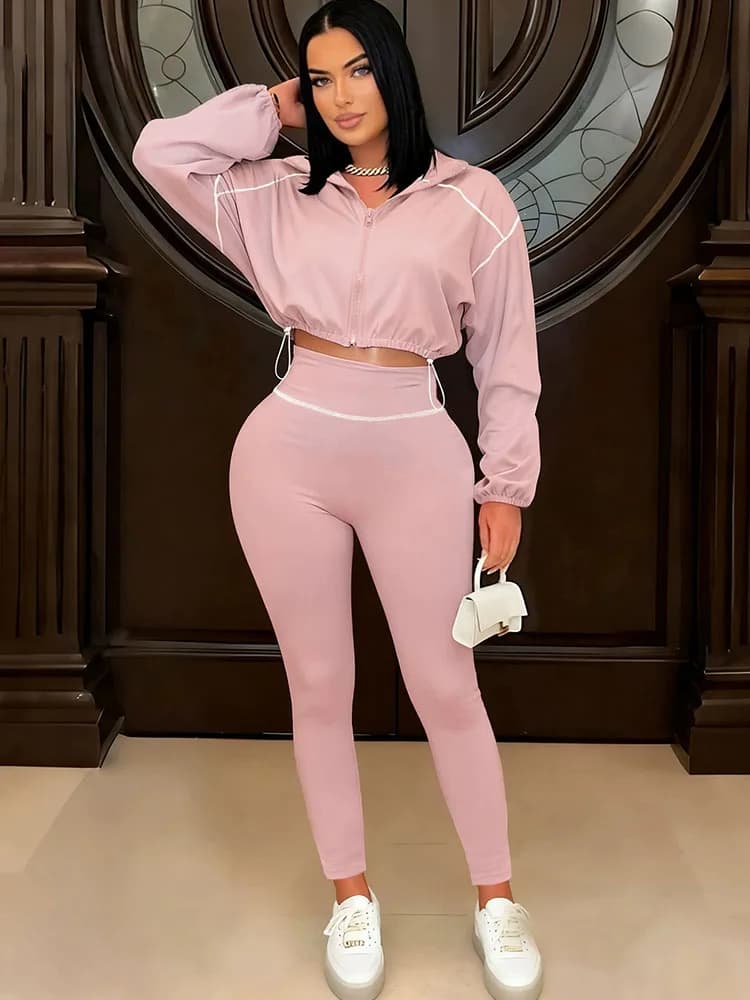 Activewear Casual Tracksuit Women Two Pieces Set Sporty Fitness Long Sleeve Turn-down Collar Zip Jacket and Pants Matching Sets