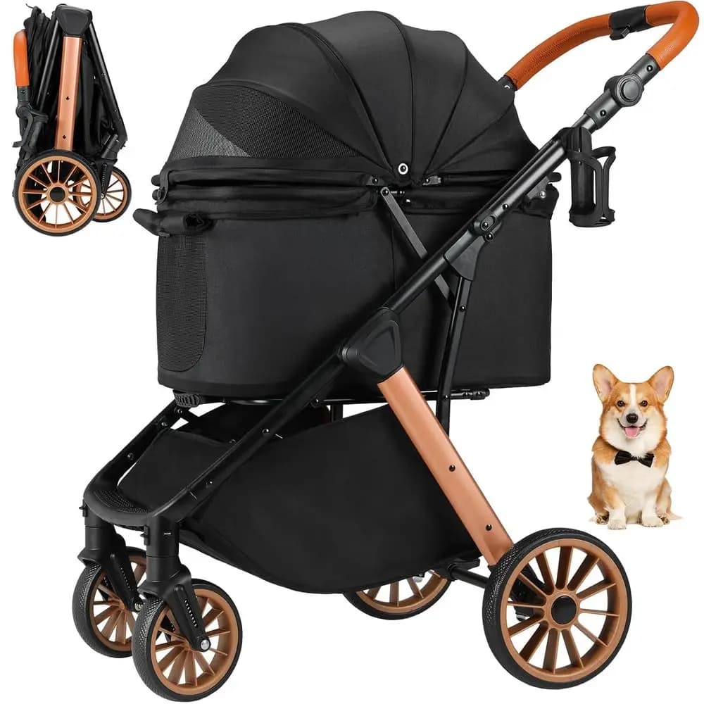 Passeggino per cani pieghevole per cani di taglia media e piccola, fino a 55 libbre, passeggino per animali domestici con struttura in alluminio e acciaio al carbonio, H regolabile in altezza