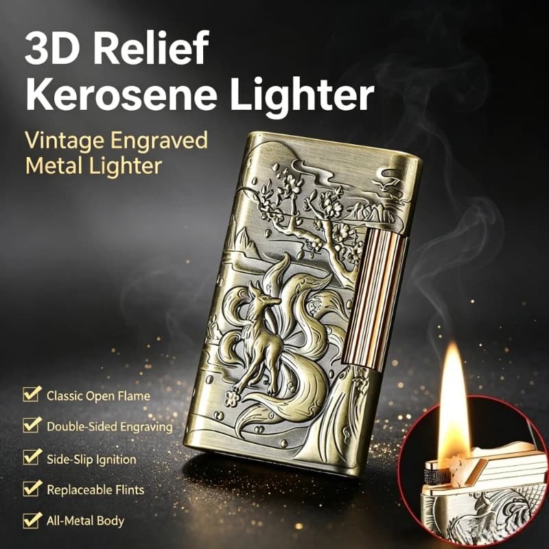 Metal Embossed Side Pulley Kerosenes Lighter Fox Grinding Wheel Open Flame High-end Gifts Manufacturer Wholesale