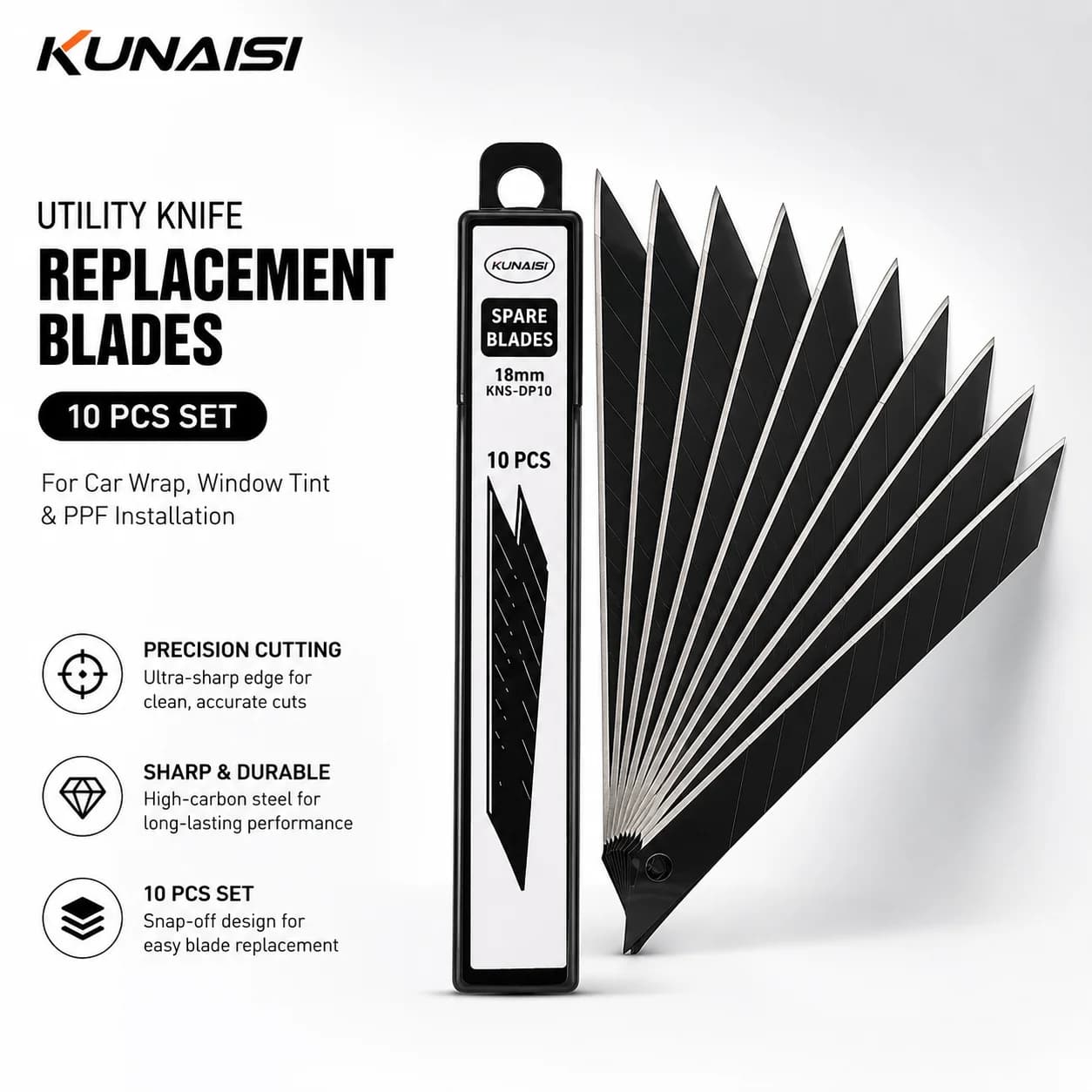 KUNAISI 10PCS 30 Degree Black Snap Off Utility Knife Blades Precision Replacement Cutter Blades for Vinyl Wrap PPF Window Tint