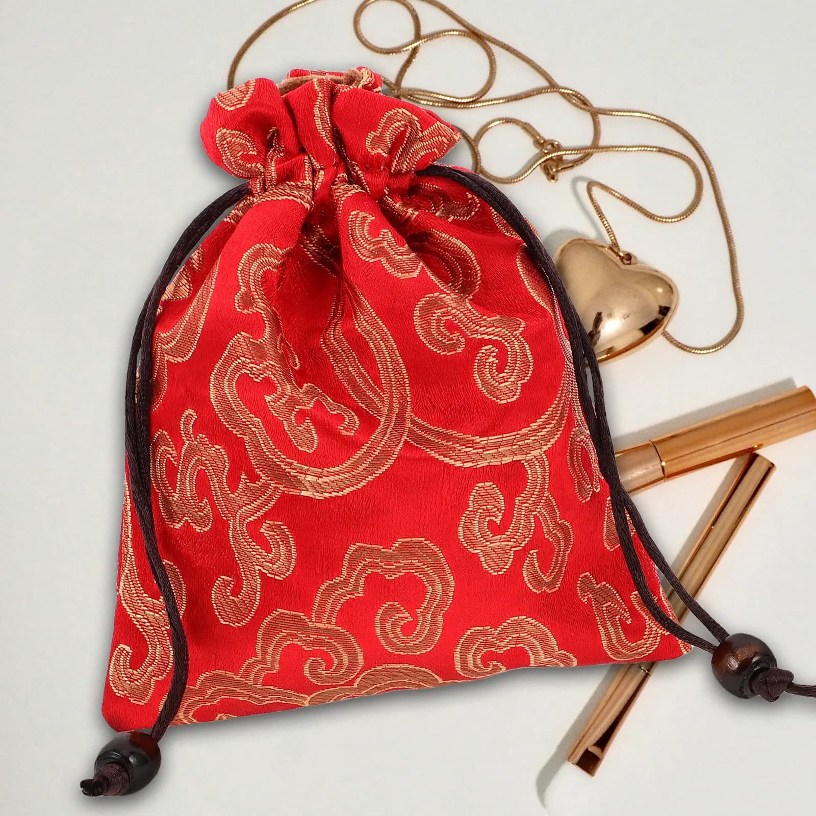 Handmade Chinese Brocade Silk Embroidered Drawstring Pouch for Singing Bowl Storage Jewelry Buddhist Beads Meditation Travel