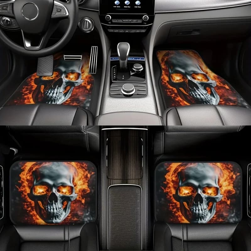Tappetini per auto con design a teschio fiammato da 4 pezzi - Suola antiscivolo in poliestere resistente, tappetini per tutte le stagioni facili da pulire per berlina, camion, SU