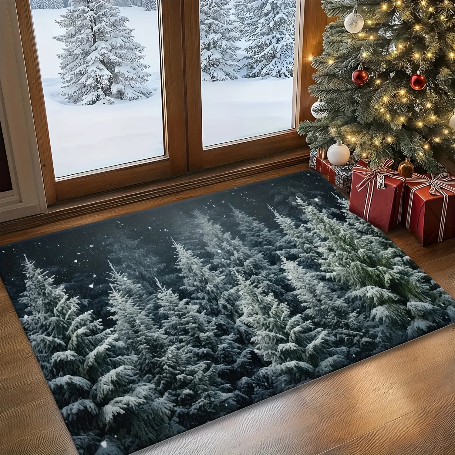 1pc Winter Snowflake Fir Forest Flannel Doormat, Non-Slip Floor Mat, Winter Christmas Holiday Design, Machine Washable Floor Mat, Suitable for Washable Area Rug, Kitchen, Dining Room, Hallway, Bathroom, Bedroom, Study, Computer Room