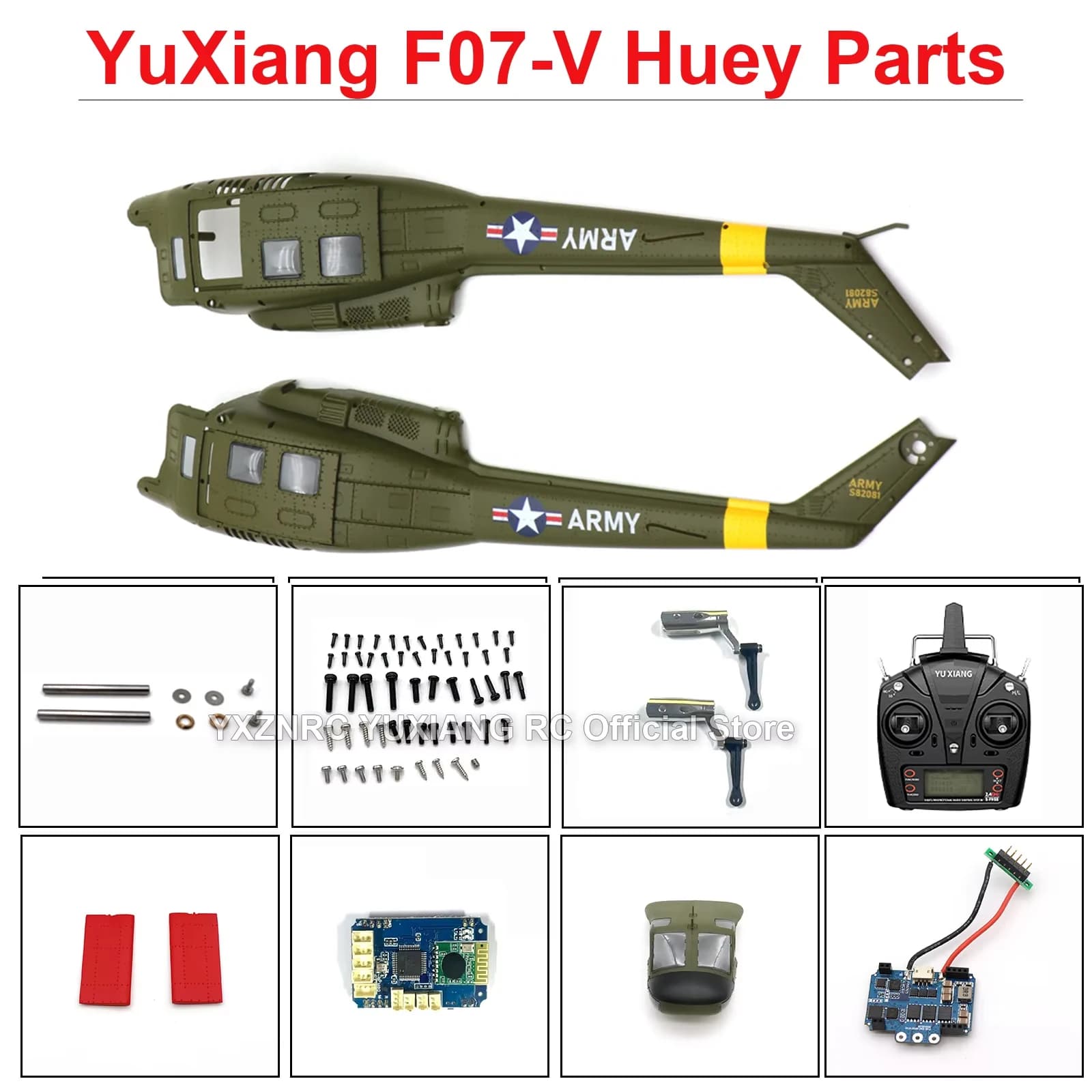 YXZNRC YUXIANG F07V Versione 3D UH-1D HUEY Parti di elicotteri RC Lama principale Rotore di coda Piatto oscillante Servo Fusoliera Accessori