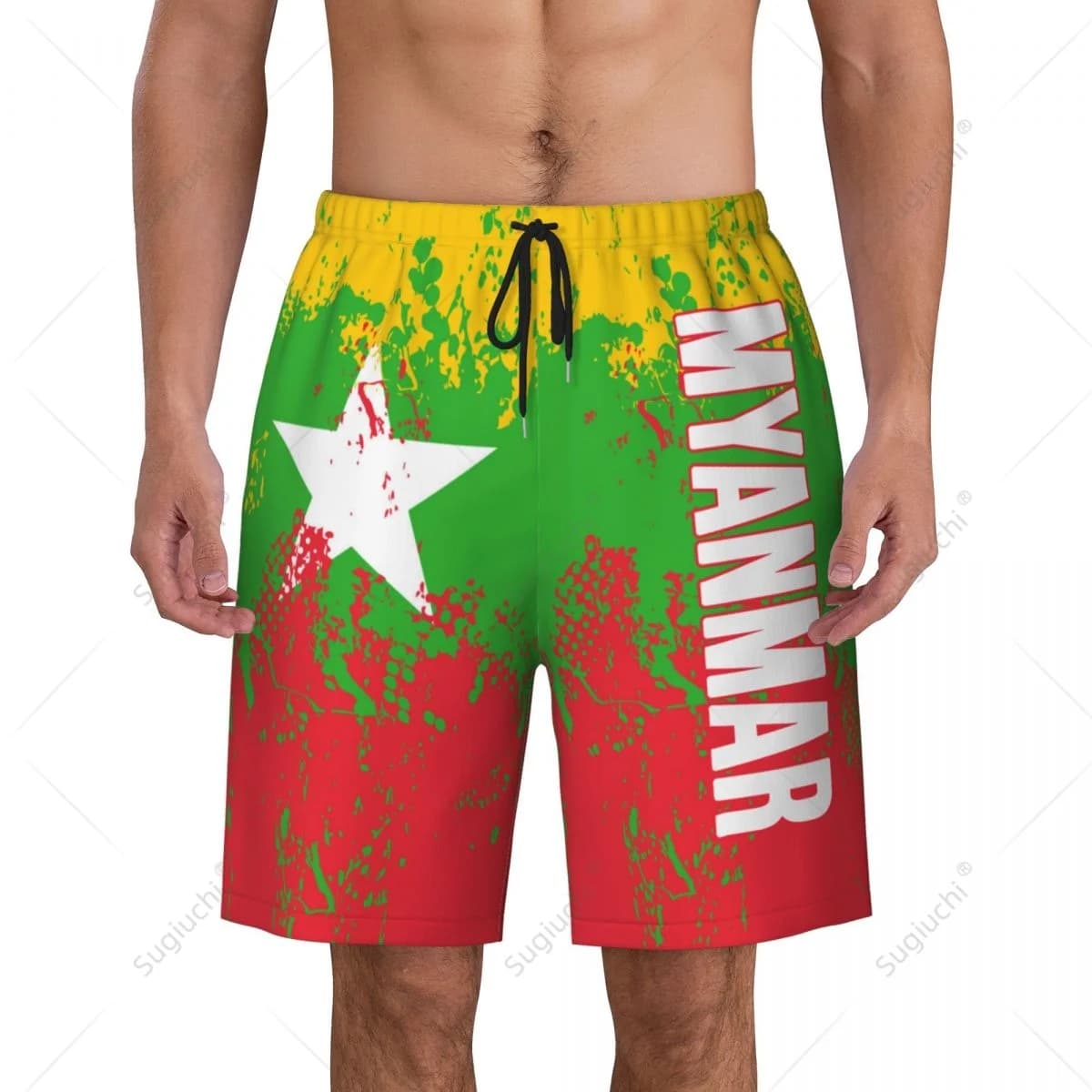 Pantaloni da spiaggia da uomo con bandiera del Myanmar Pantaloncini da surf Surf Ragazzi Calcio Ciclismo Costumi da bagno Corsa in poliestere
