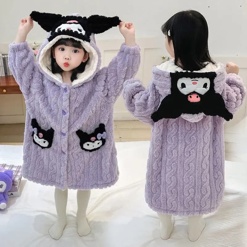 Purple Kuromi 3D Ear Hooded Fleece Bathrobe, Double-Sided Cartoon Design Warm Thick Winter Sleep Robe Kids Girls Home Loungewear