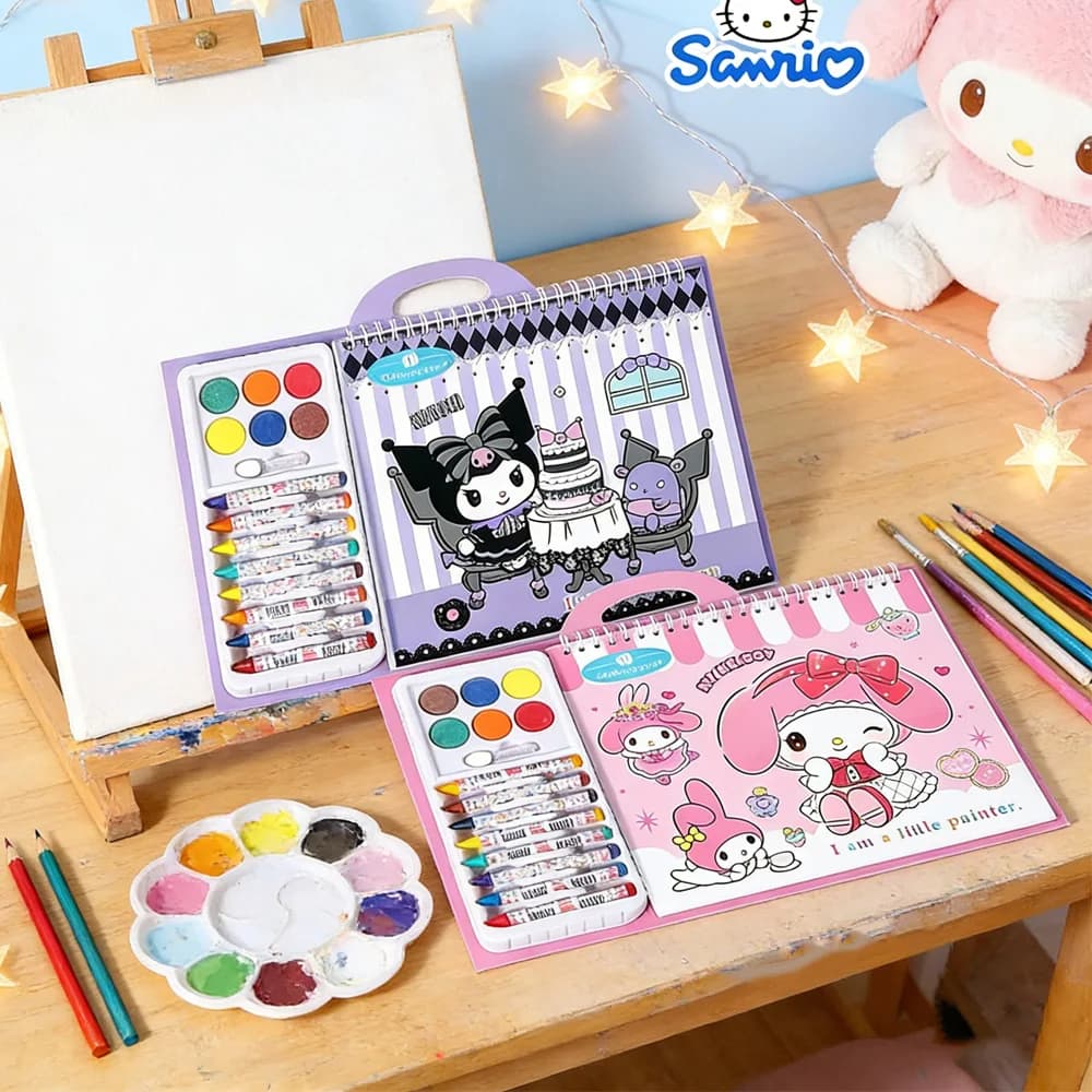 Set di libri da colorare Hello Kitty Kuromi My Melody con pennelli per acquerello, giocattolo educativo sicuro per disegnare, regalo di compleanno per bambini