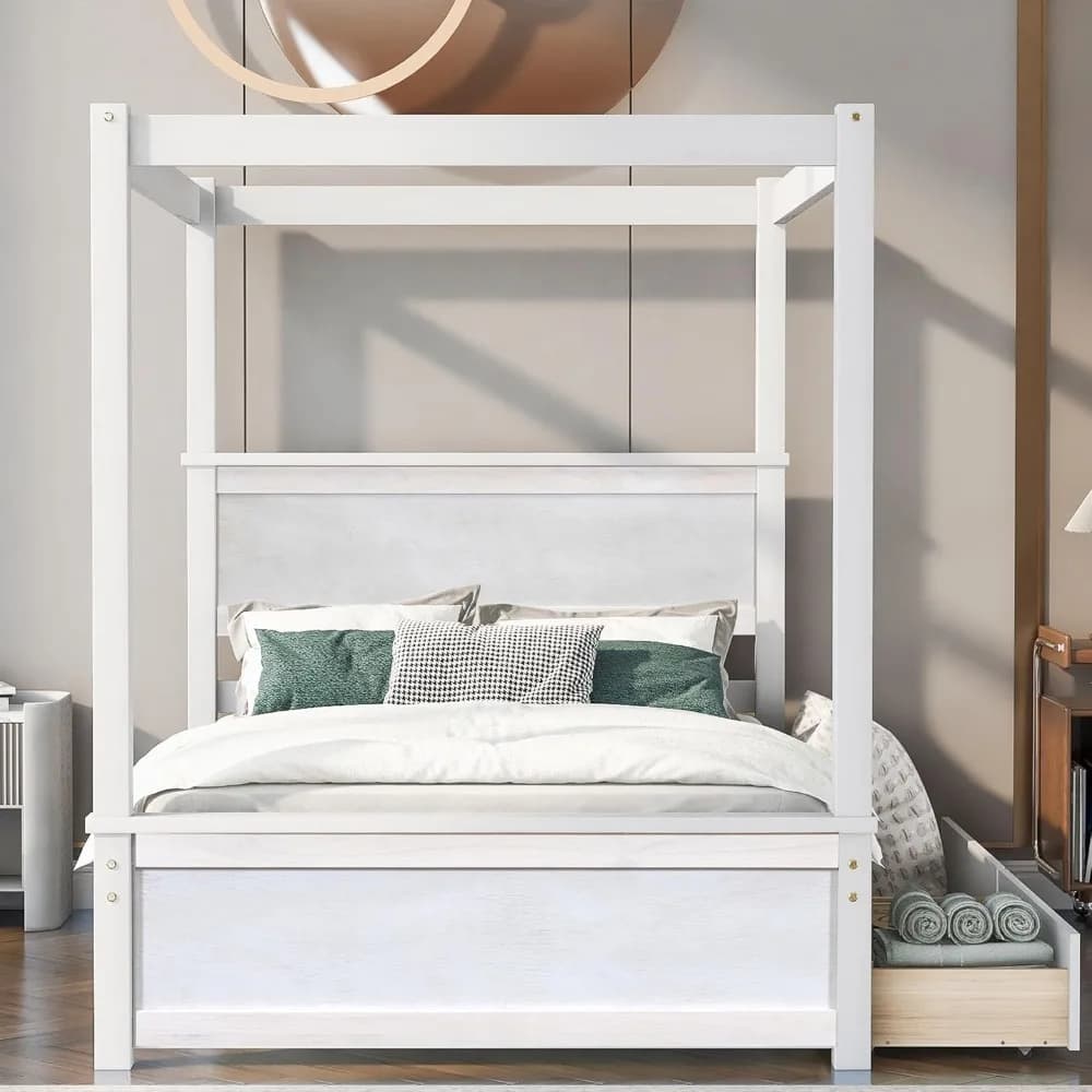 Letto a baldacchino in legno a grandezza naturale con cassetti portaoggetti e testiera, struttura a piattaforma, nessuna sommier richiesto - Finitura spazzolata