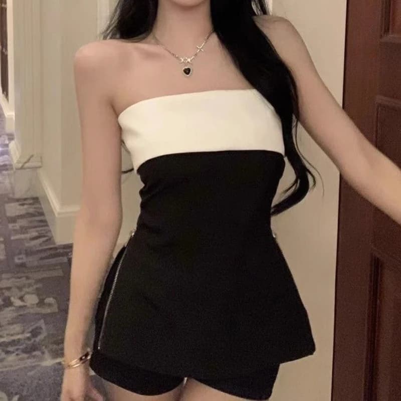 Maglietta Sexy con spalle scoperte da donna con cerniera maglietta nera con scollo a barchetta senza schienale moda estiva Versatile con spacco femminile canotte Top