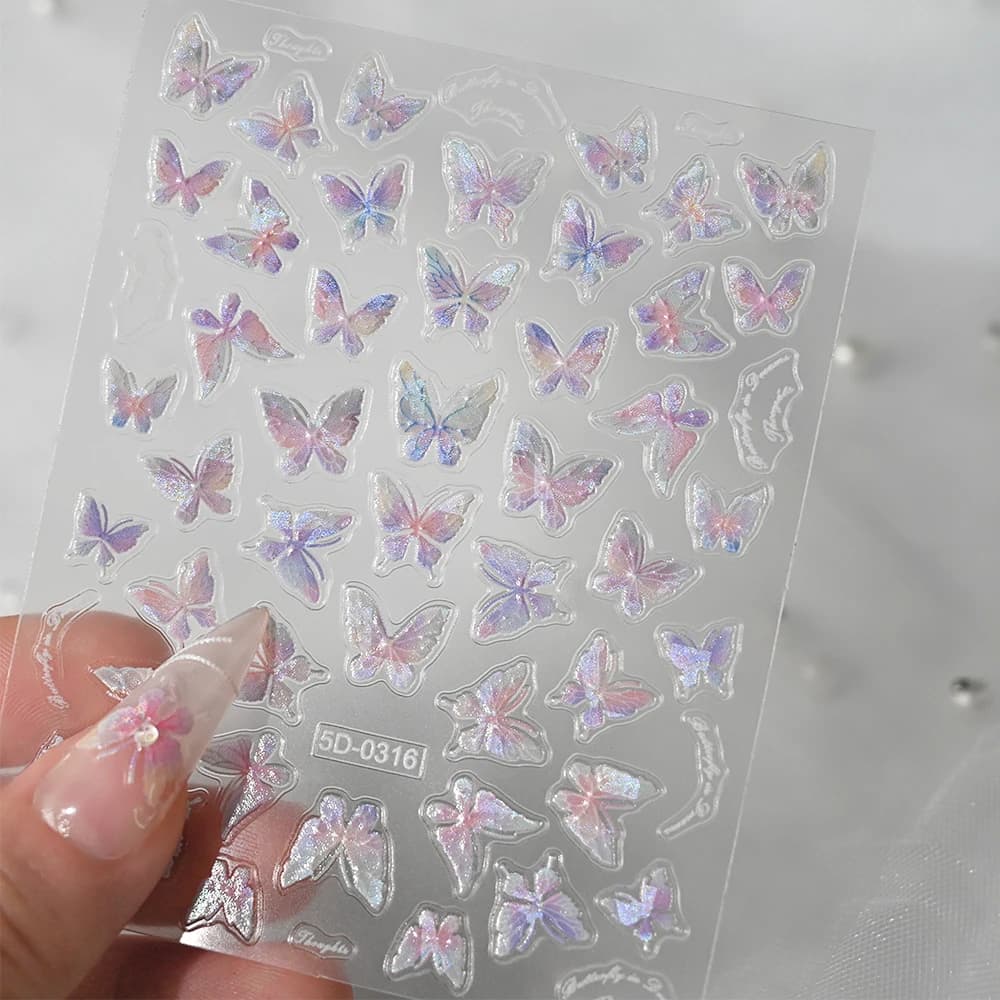 1 pz 5D Shell Aurora Farfalla Nail Art Sticker Elegante Decalcomanie autoadesive in rilievo per la primavera Decorazioni per manicure Forniture