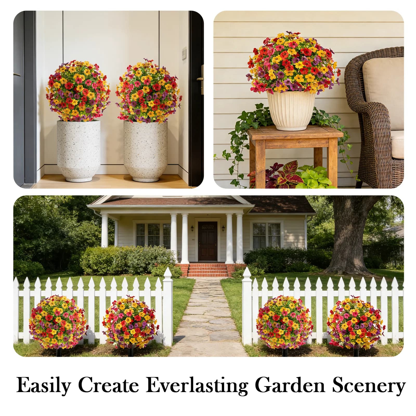 No Fade No Water Artificial Outdoor Plants - UV Resistant Topiary Ball Trees with Ground Stakes, Realistic Faux Shrubs for Garden Yard & Cemetery Decor