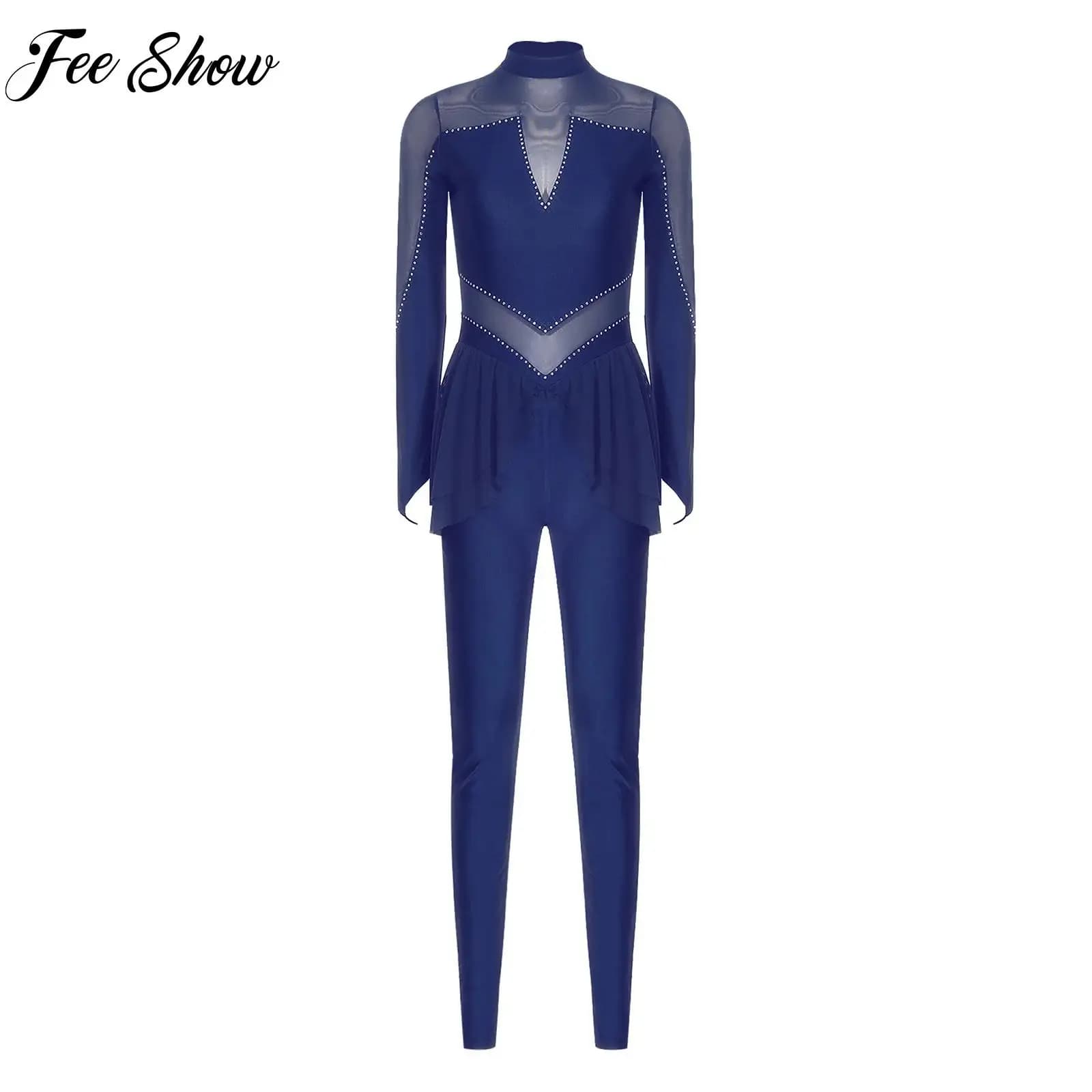 Tuta da ginnastica per donna adulta, pattinaggio su ghiaccio, balletto, danza, tuta, manica lunga, strass, maglia, allenamento, tuta sportiva