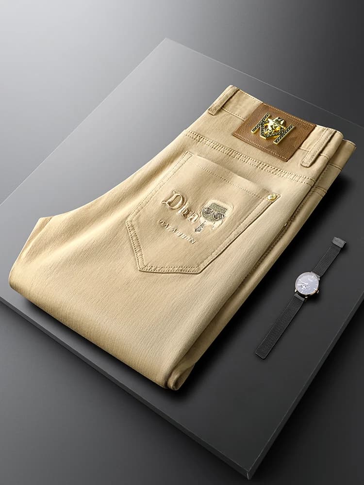 Khaki Casual Embroidered Slim Fit Men's Jeans Business Pants Quality Straight Leg Autumn Winter Men's Fashion Jeans