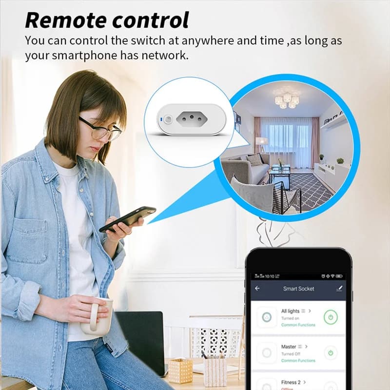 Presa intelligente Tuya WIFI 2.4GHZ 16A Brasile Adattatore spina, presa con monitor di alimentazione, controllo vocale per Google Home Alexa
