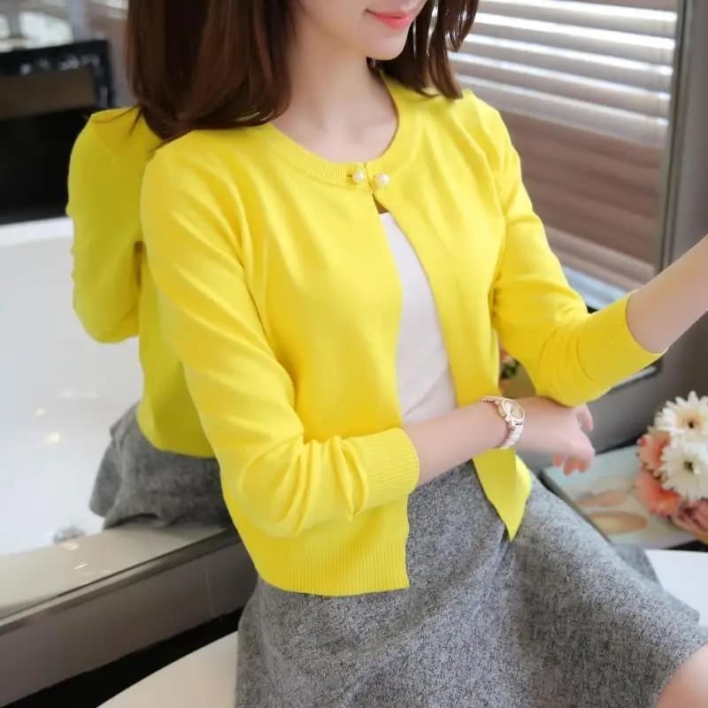 Cardigan spring sweater suit sun protection shawl slim coat a long sleeve sweater girl summer air conditioning Yellow