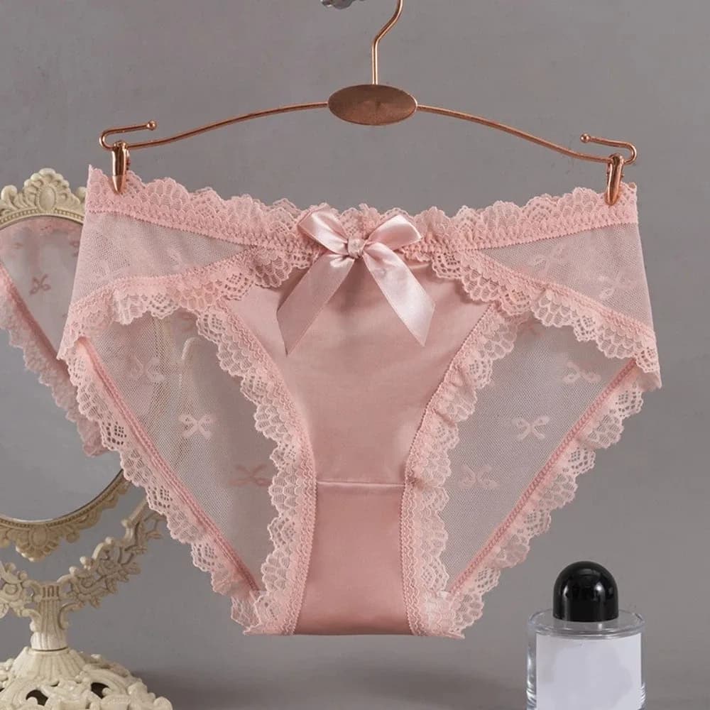 Slip in pizzo traspirante a vita bassa con fiocco trasparente e inserti in rete floreale, intimo con fondo in cotone per donna e ragazza