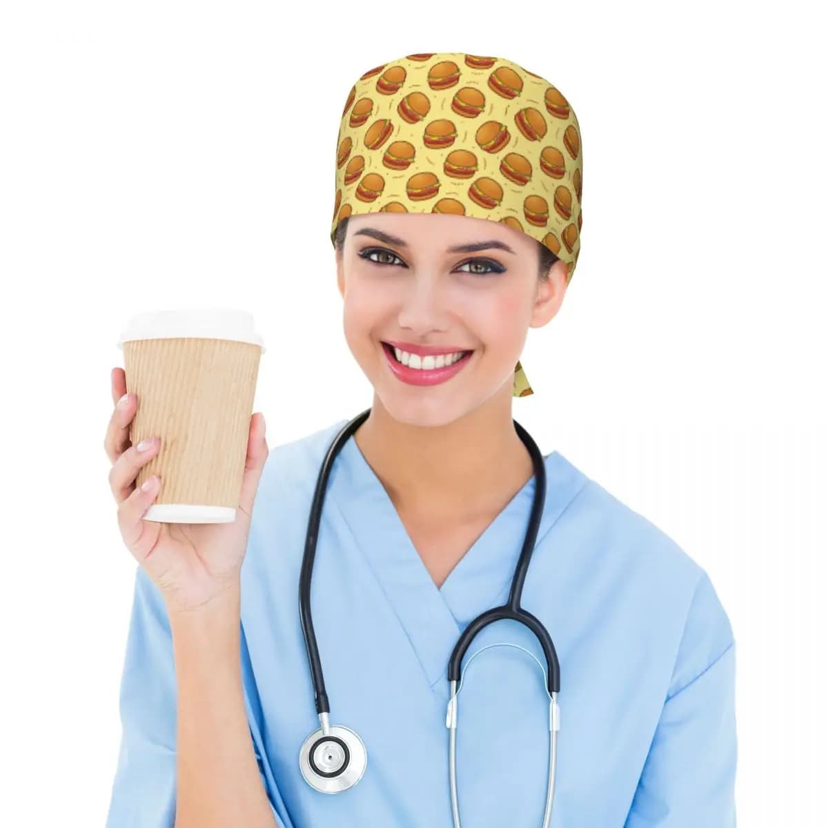 Burger Pattern Scrub Hat Doctor Working Surgical Cap Men Women Adjustable Nursing Caps for Dentist