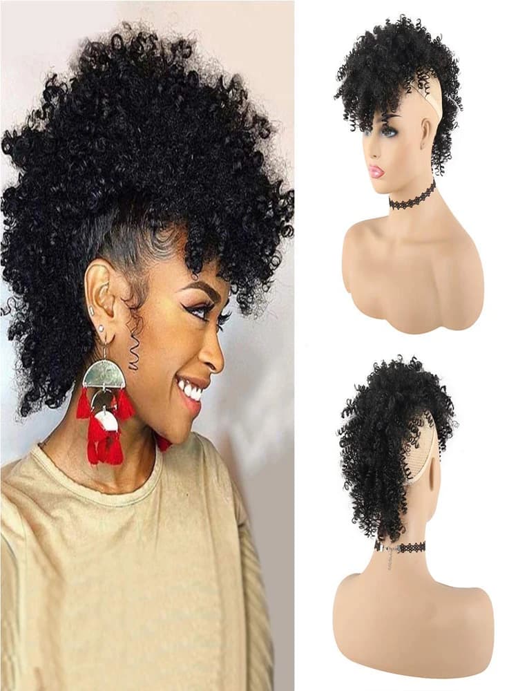 Coda di Cavallo Afro High Puff con Elastico e Frangia, Sintetica, Ricci Jerry, Mohawk, Ricci Afro, Fauxhawk, con Clip