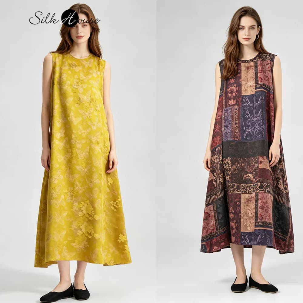 Abito Canotta Girocollo in Seta Naturale al 100% Mulberry SangBo Satin Red Cloud Yarn, Taglie Forti, Moda Donna Estate 2026