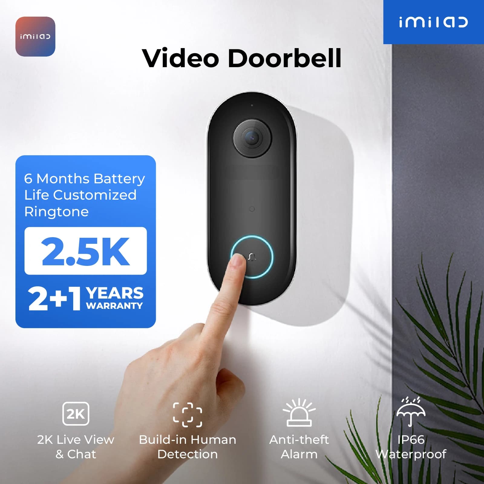 IMILAB Smart Video Campanello 5200mAh Telecamera di sicurezza Rilevamento umano accurato Storag locale Avviso istantaneo 2.5k