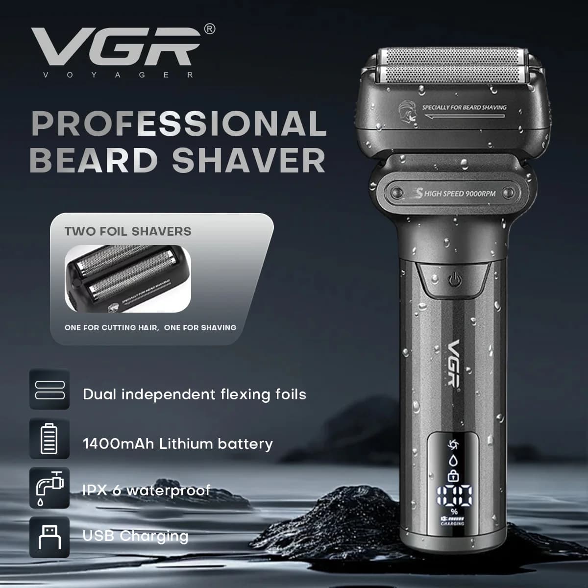 VGR Electric Razor Professional Electric Razor 9000 RPM Regularbarba LED Display Alternative Motor Electric Razor for Men V-368