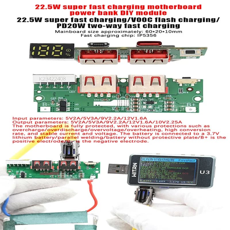 1PC 22.5W Modulo di Ricarica Veloce Power Bank Scheda Madre Con Display Digitale Per Batteria Al Litio Ternaria PD QC Modulo di Ricarica Rapida