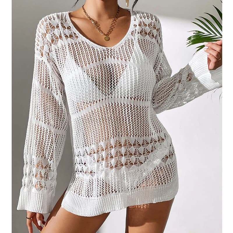 Abito girocollo scollato solido Abito versatile da spiaggia a maniche lunghe per abbigliamento da donna primaverile ed estivo