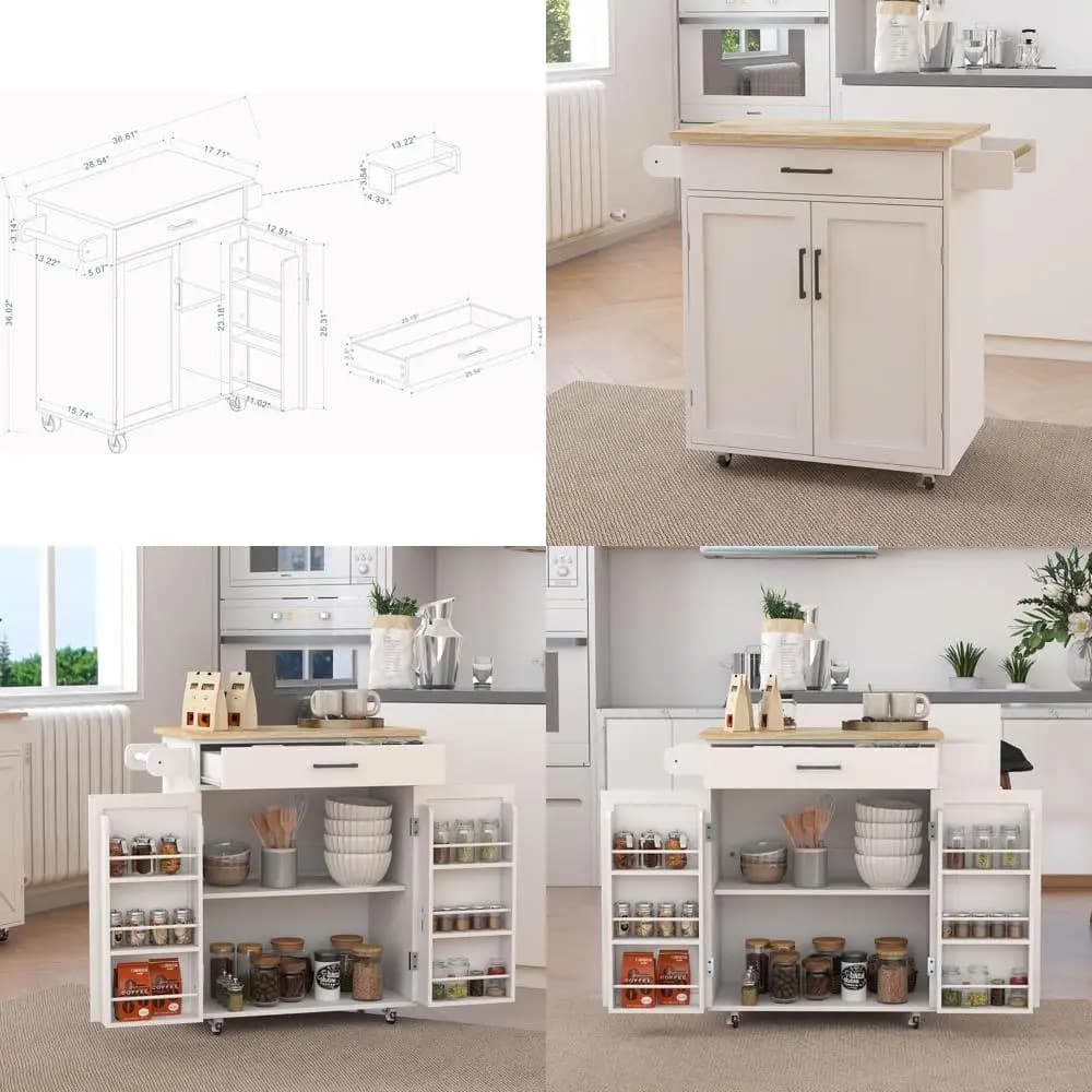 Carrello da Cucina con Ruote, 1 Cassetto, 2 Ripiani, Scaffali Regolabili, Portasciugamani e Piano in Legno