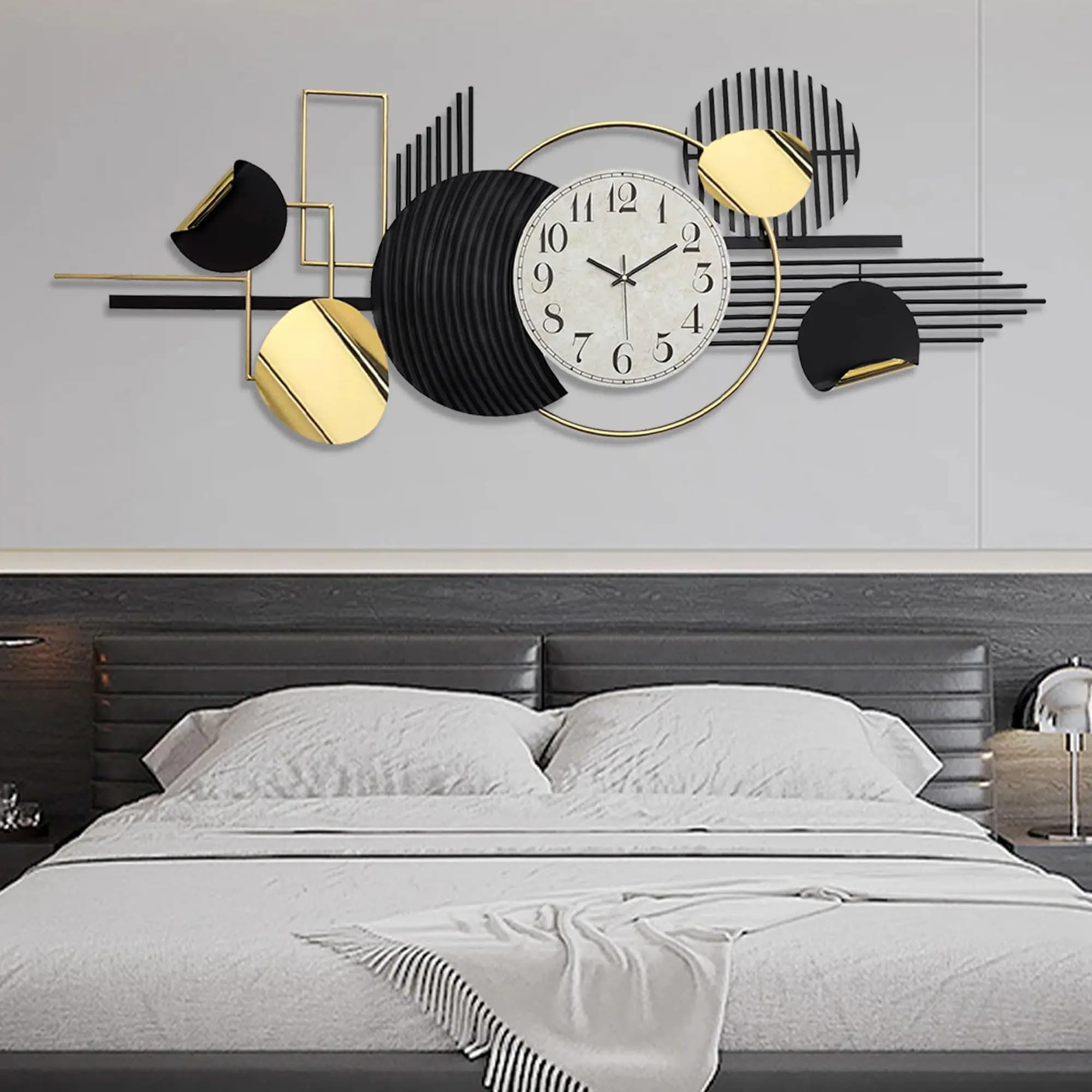 Large Modern Wall Clock, Metal Black White Wall Clock Silent Non-Ticking, Battery Operated, 57x23 Inches Wall Art, Oversized