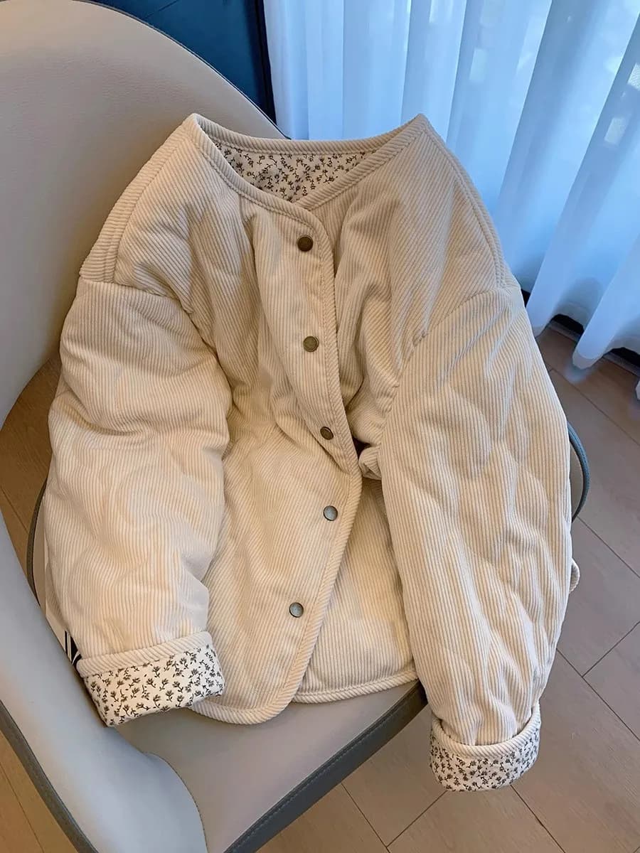 Women's Thickened Loose Cotton Jacket round Neck Velvet Coat Brand Button Decoration Korean Style Long Sleeve Winter Top