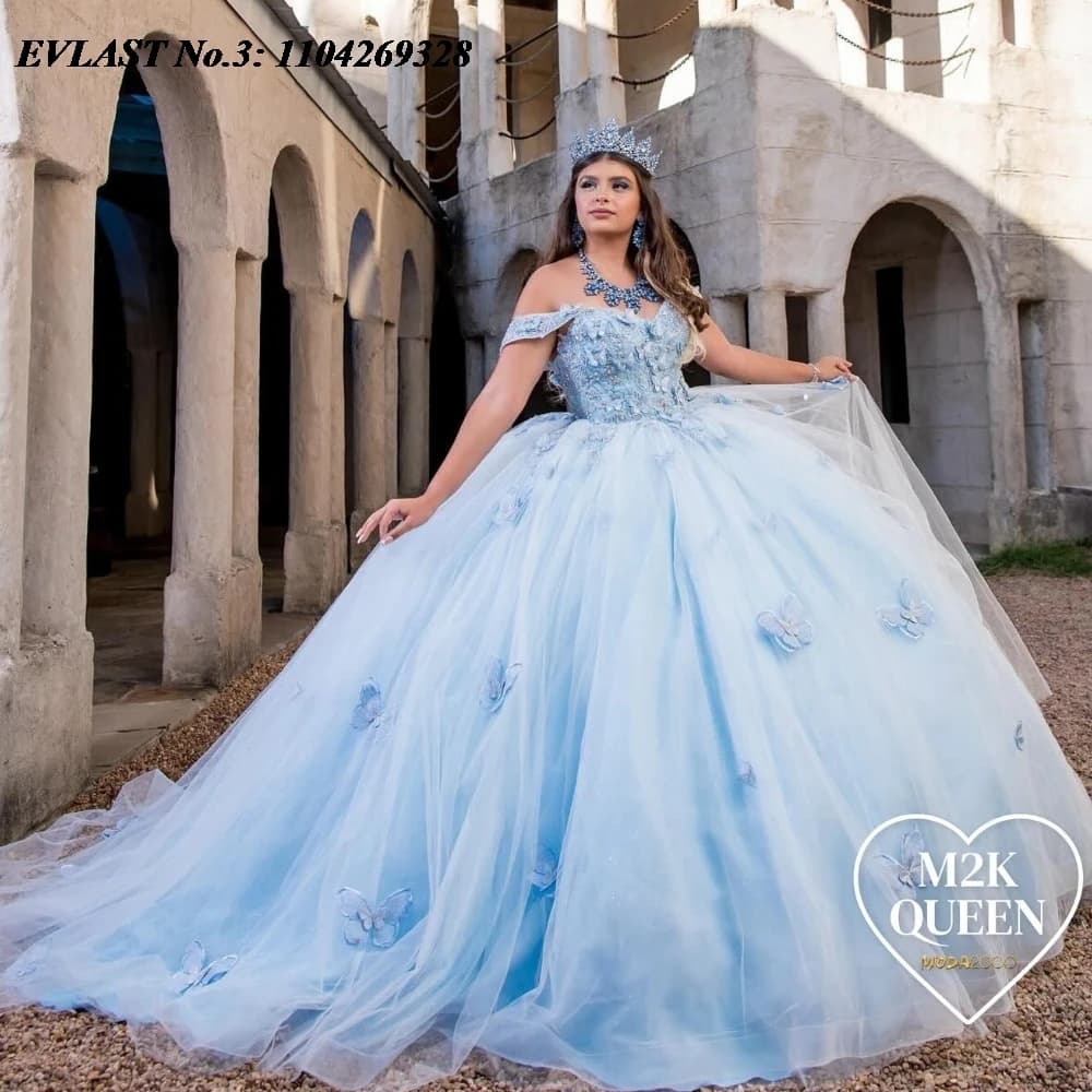EVLAST Personalizzato Lucido Cielo Blu Abito Quinceanera Abito di Sfera Farfalla Applique Corsetto di Perline Dolce 16 Abiti Da 15 Anos E3Q35