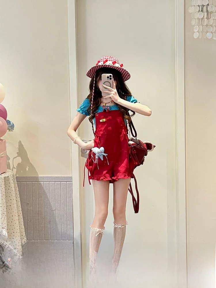 Sweet Cool Red Floral Print Bib Shorts Women's Summer Youthful Dopaamine Cotton Cargo Pants Short Length Decorative Stitching