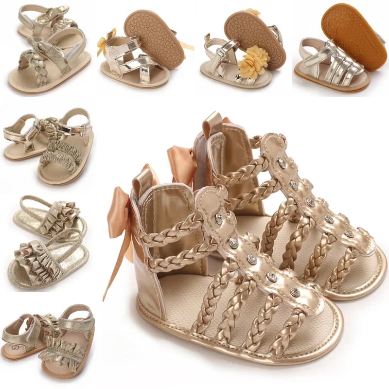 Fashionable golden baby shoes, casual summer Roman sandals, soft sole, comfortable and non-slip walking shoes