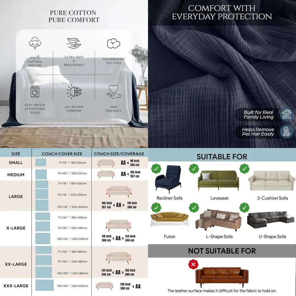 Cover 100% Natural Cotton for Two Post Sofa, L-Componable Sofa, 4-layer Boho Style, Width 102 cm, Blue Space, 102x134 cm