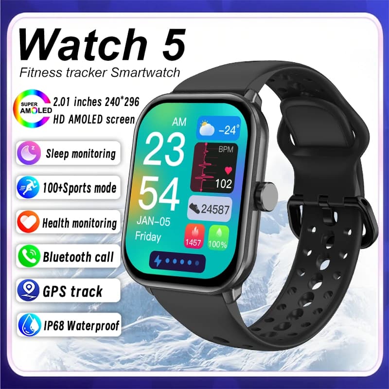 Nuovo Smartwatch 5 2026 per Uomo e Donna, Schermo AMOLED da 2.01", Fitness Tracker, Cardiofrequenzimetro, ECG, Impermeabile IP68, Chiamate Sportive