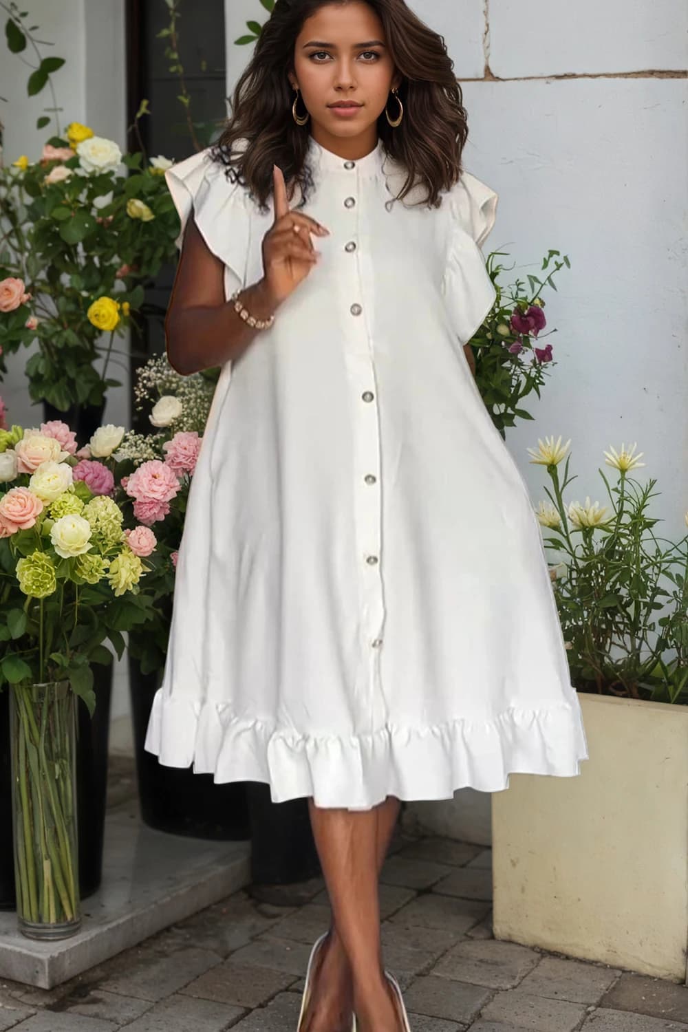 Women Plus Size Dress Ruffle Sleeve Stand Collar White Sweet Casual Loose A-Line Pleated Midi Dress Summer Button Vintage Dress