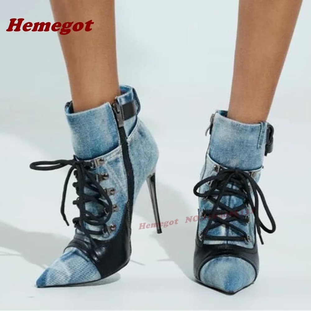 Stivaletti stringati patchwork Punta a punta Tacchi a spillo Stivali da donna Cerniera laterale Splicing Runway Party Shoes 2025 Nuovo lusso